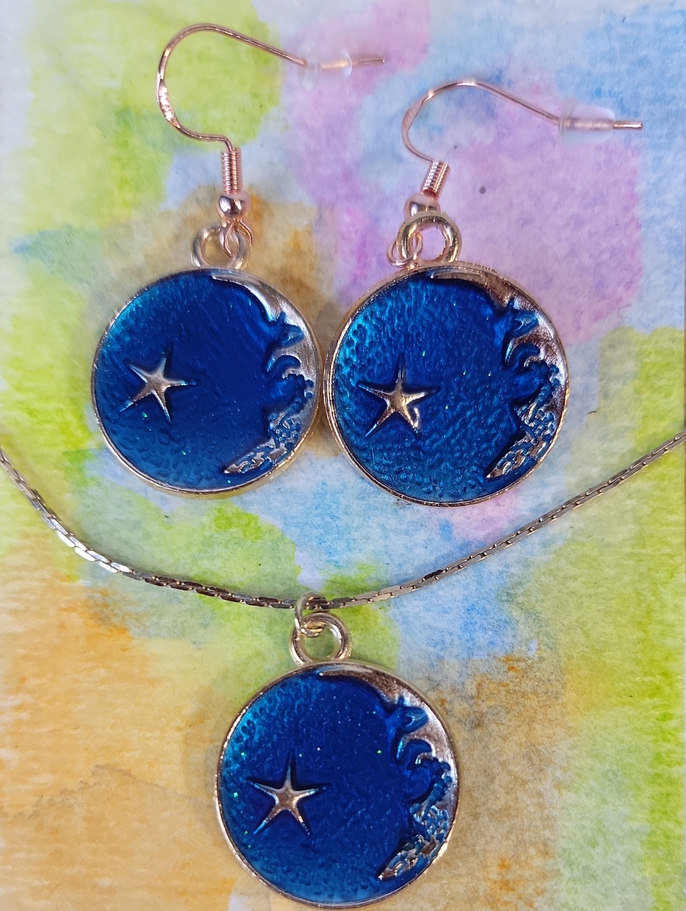 Necklace & Earrings Set (Midnight Star) Handmade W/ Watercolor ACEO(2½X3½) Art.